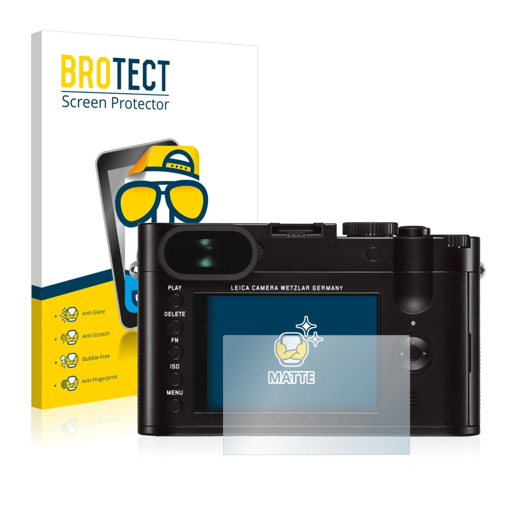 Front side of a product packaging with the brand logo BROTECT. Next to it is the device Leica Q (Typ 116) shown with the corre