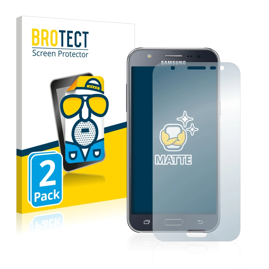 Front side of a product packaging with the brand logo BROTECT. Next to it is the device Samsung Galaxy J5 2015 shown with the