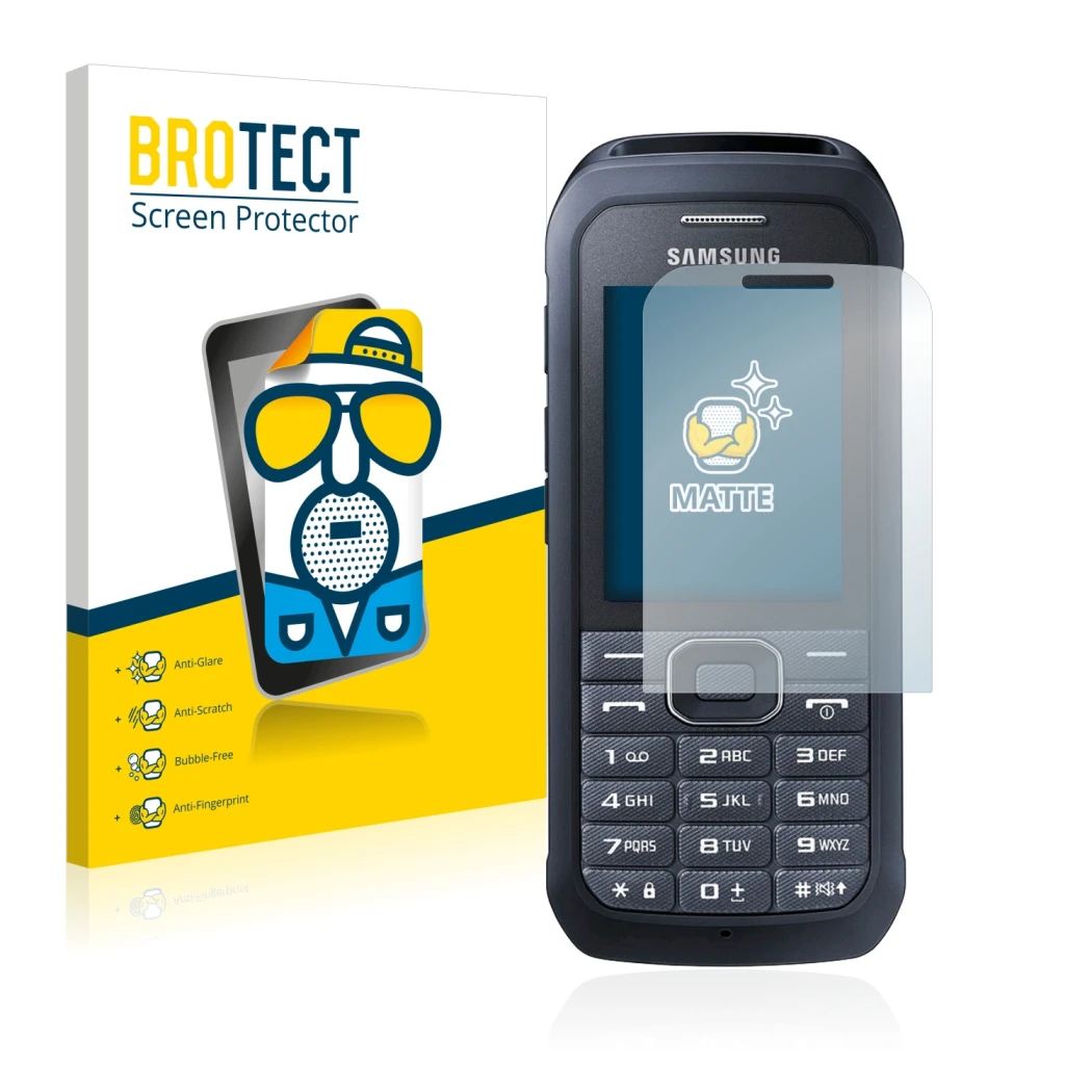 Front side of a product packaging with the brand logo BROTECT. Next to it is the device Samsung Xcover 550 shown with the corr
