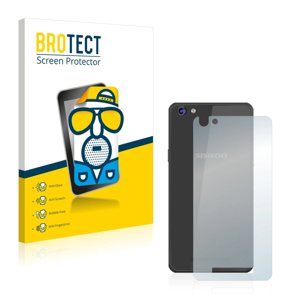 Front side of a product packaging with the brand logo BROTECT. Next to it is the device Siswoo C50 Longbow (Back) shown with t