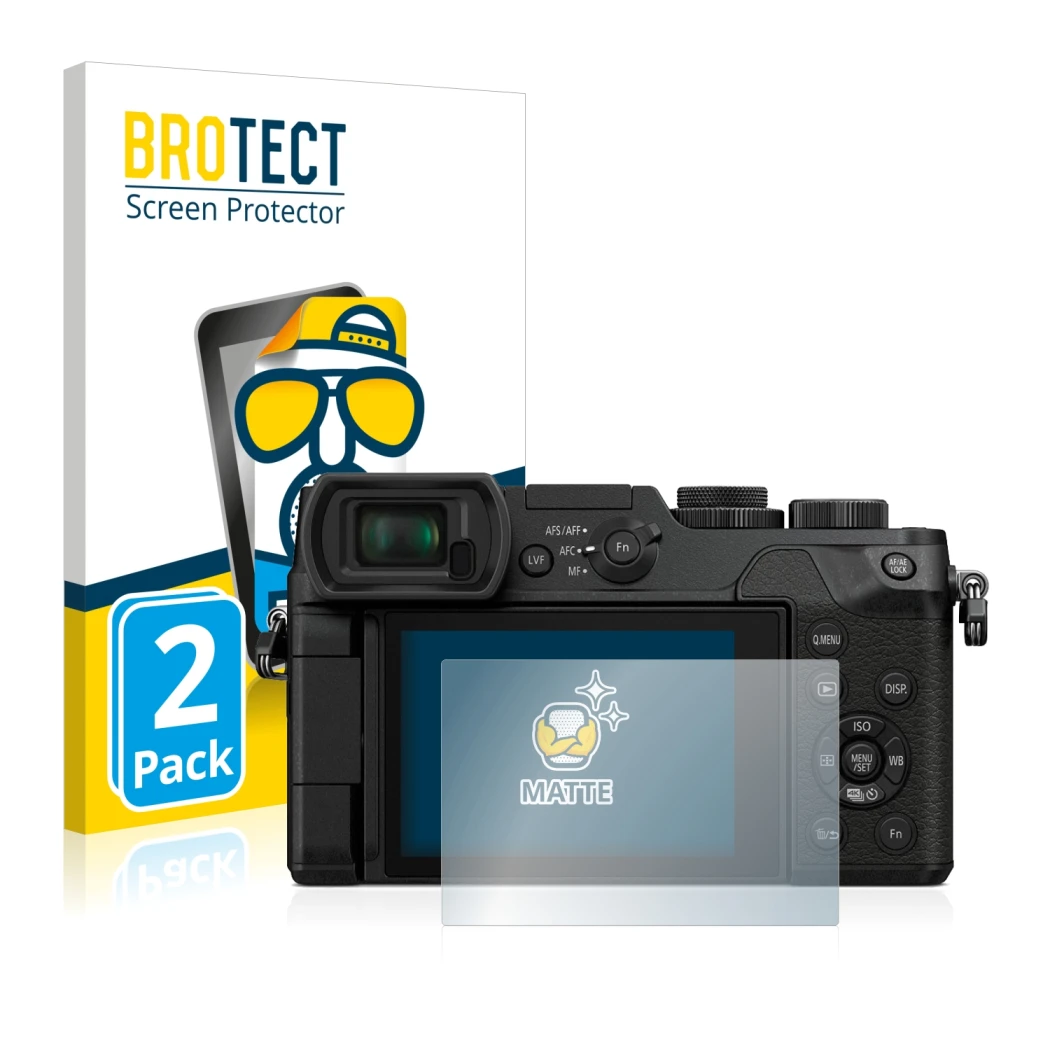 Front side of a product packaging with the brand logo BROTECT. Next to it is the device Panasonic Lumix DMC-GX8 shown with the