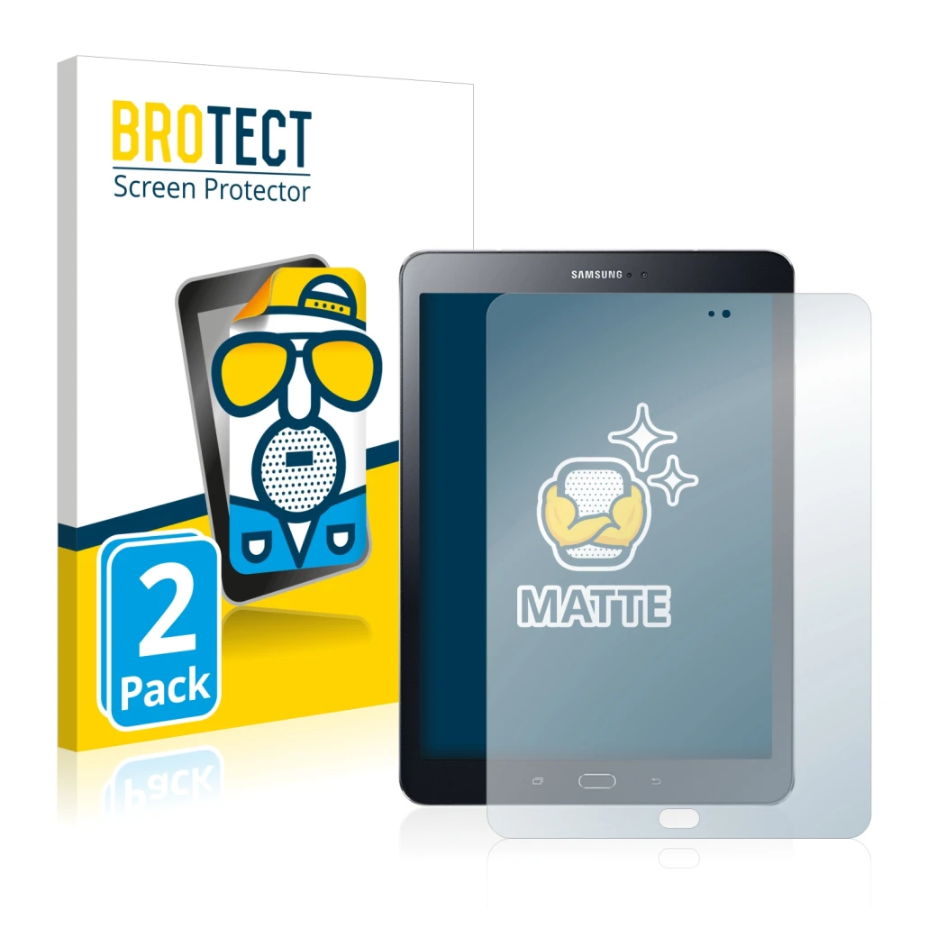 Front side of a product packaging with the brand logo BROTECT. Next to it is the device Samsung Galaxy Tab S2 9.7 shown with t