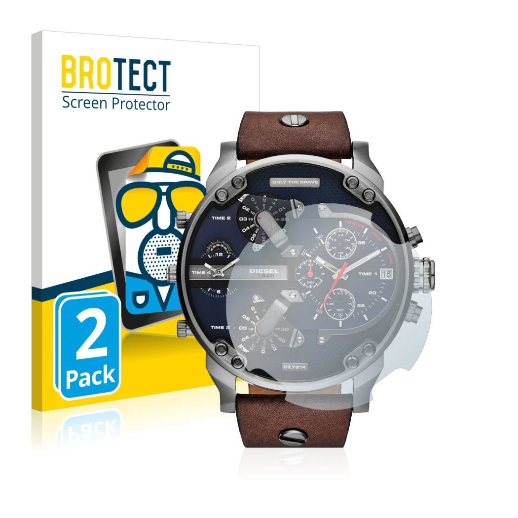 Front side of a product packaging with the brand logo BROTECT. Next to it is the device Diesel DZ7314 Mr. Daddy shown with the