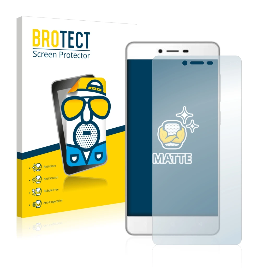Front side of a product packaging with the brand logo BROTECT. Next to it is the device Gionee F103 shown with the correspondi