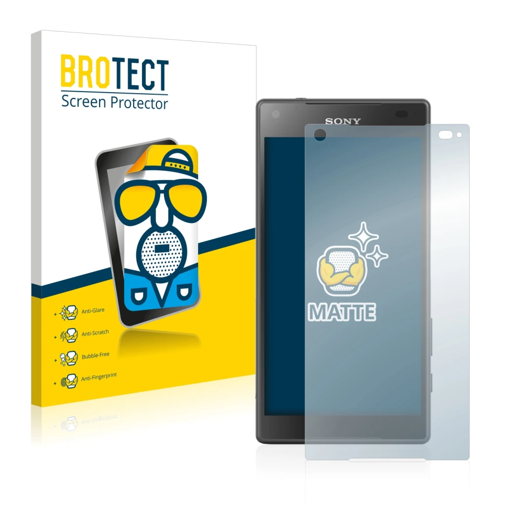 Front side of a product packaging with the brand logo BROTECT. Next to it is the device Sony Xperia Z5 Compact shown with the