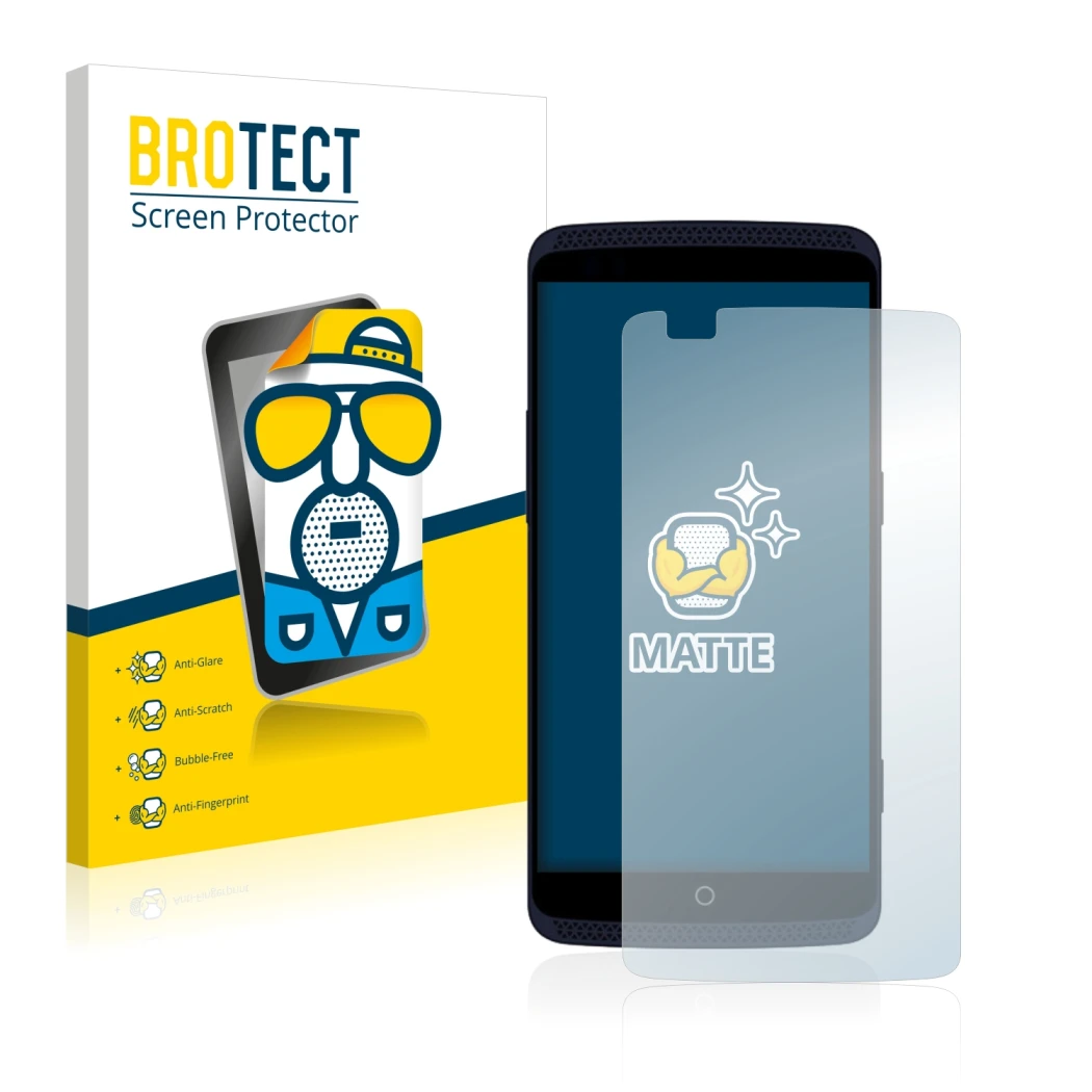 Front side of a product packaging with the brand logo BROTECT. Next to it is the device ZTE Axon Elite shown with the correspo