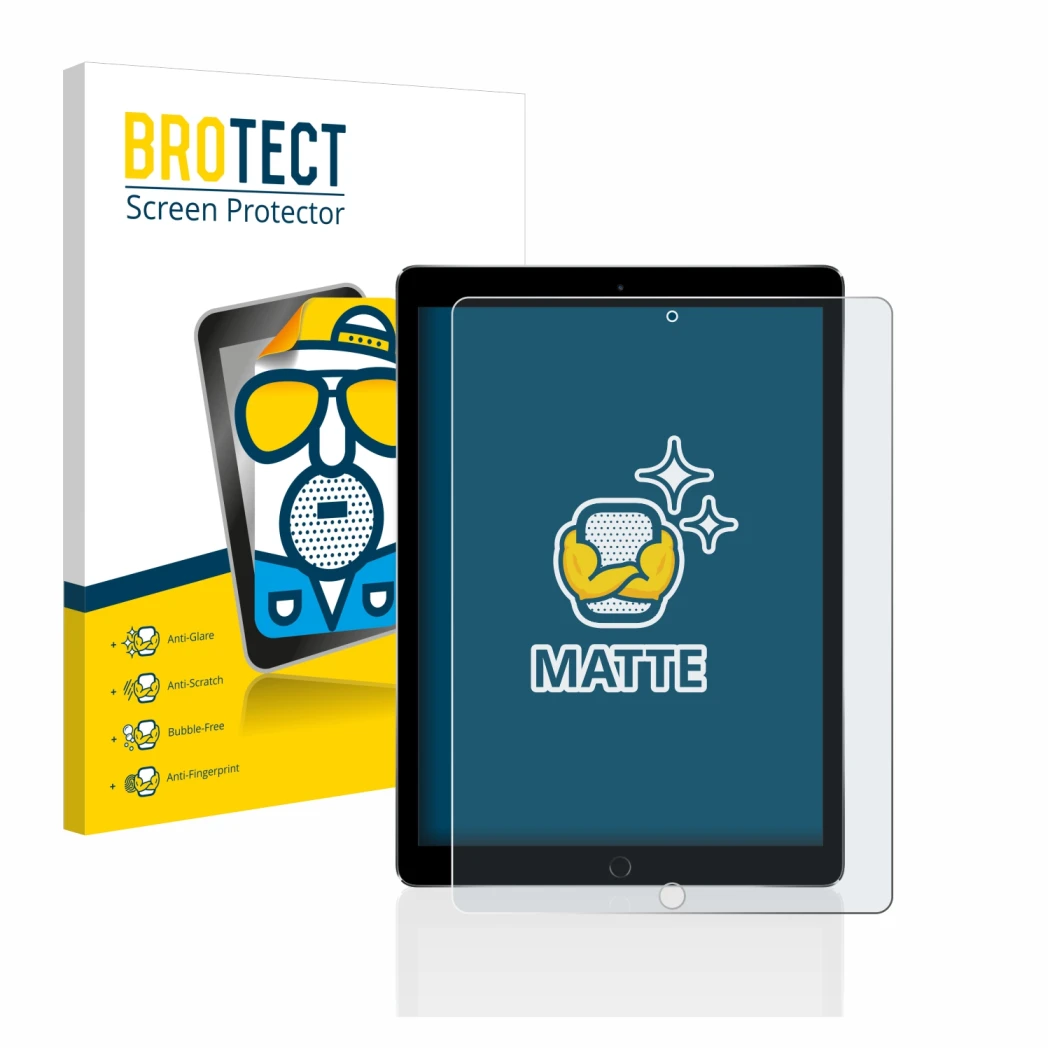 Front side of a product packaging with the brand logo BROTECT. Next to it is the device Apple iPad Pro 12.9