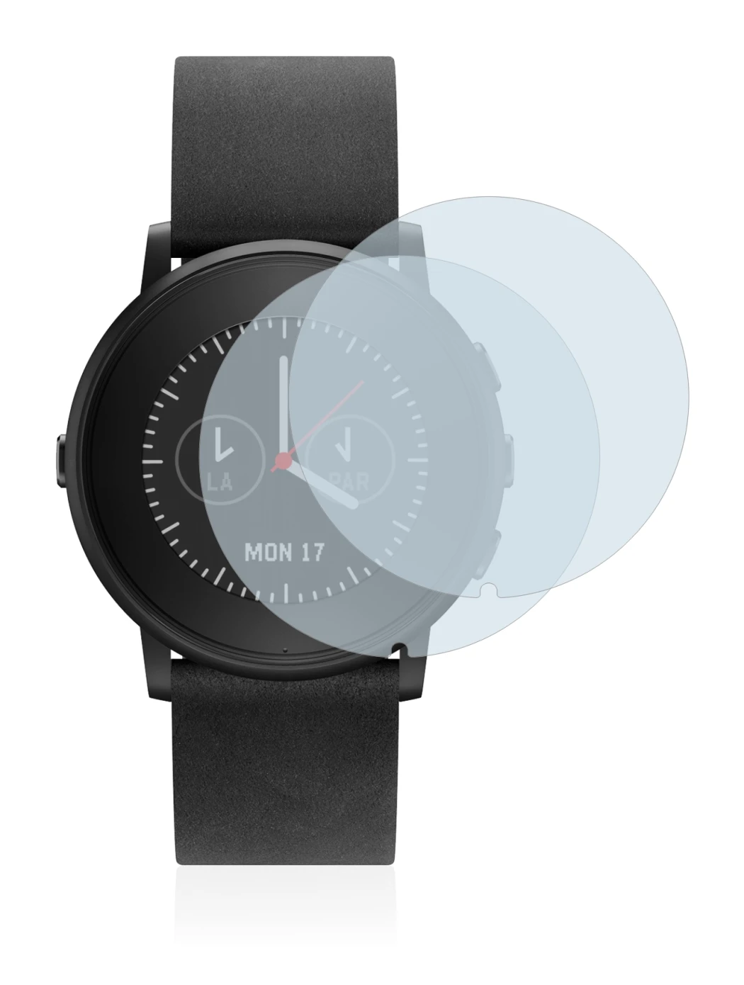 Image of the device Pebble Time Round with a wide variety of screen protectors.