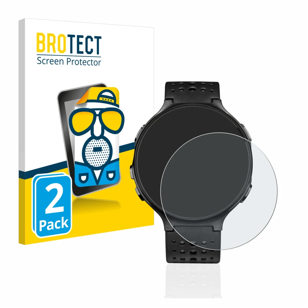 Front side of a product packaging with the brand logo BROTECT. Next to it is the device Garmin Forerunner 235 shown with the c