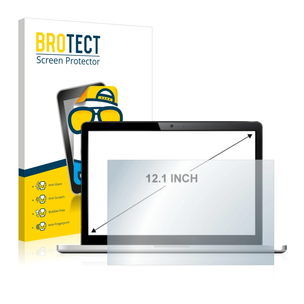 Front side of a product packaging with the brand logo BROTECT. Next to it is the device shown with the corresponding screen pr