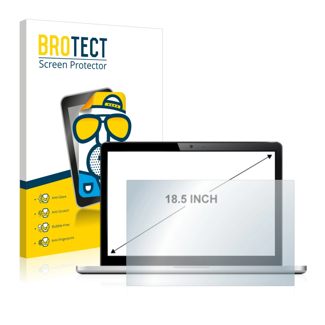 Front side of a product packaging with the brand logo BROTECT. Next to it is the device shown with the corresponding screen pr