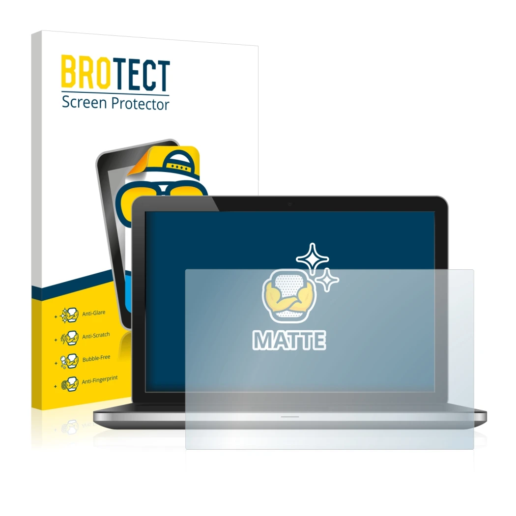 Front side of a product packaging with the brand logo BROTECT. Next to it is the device shown with the corresponding screen pr