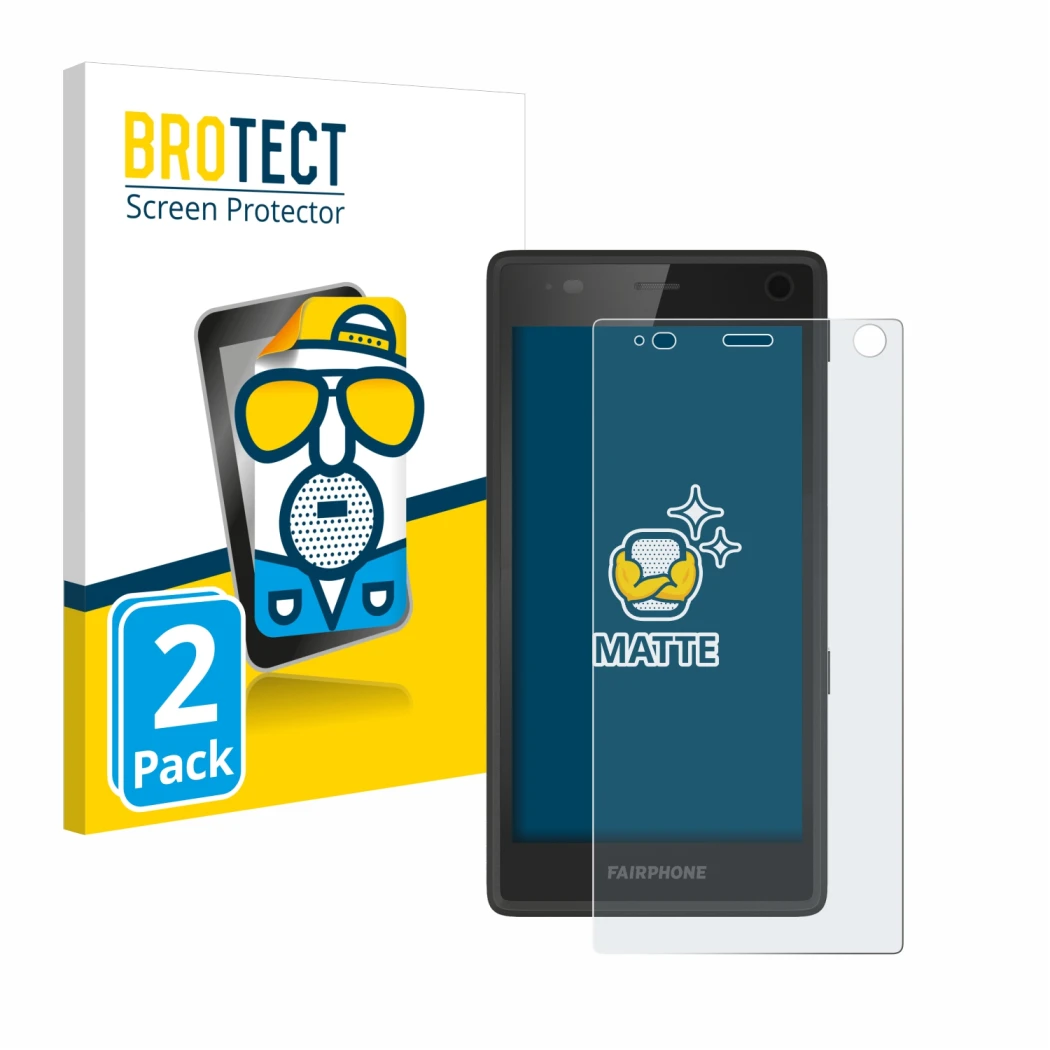 Front side of a product packaging with the brand logo BROTECT. Next to it is the device Fairphone 2 shown with the correspondi