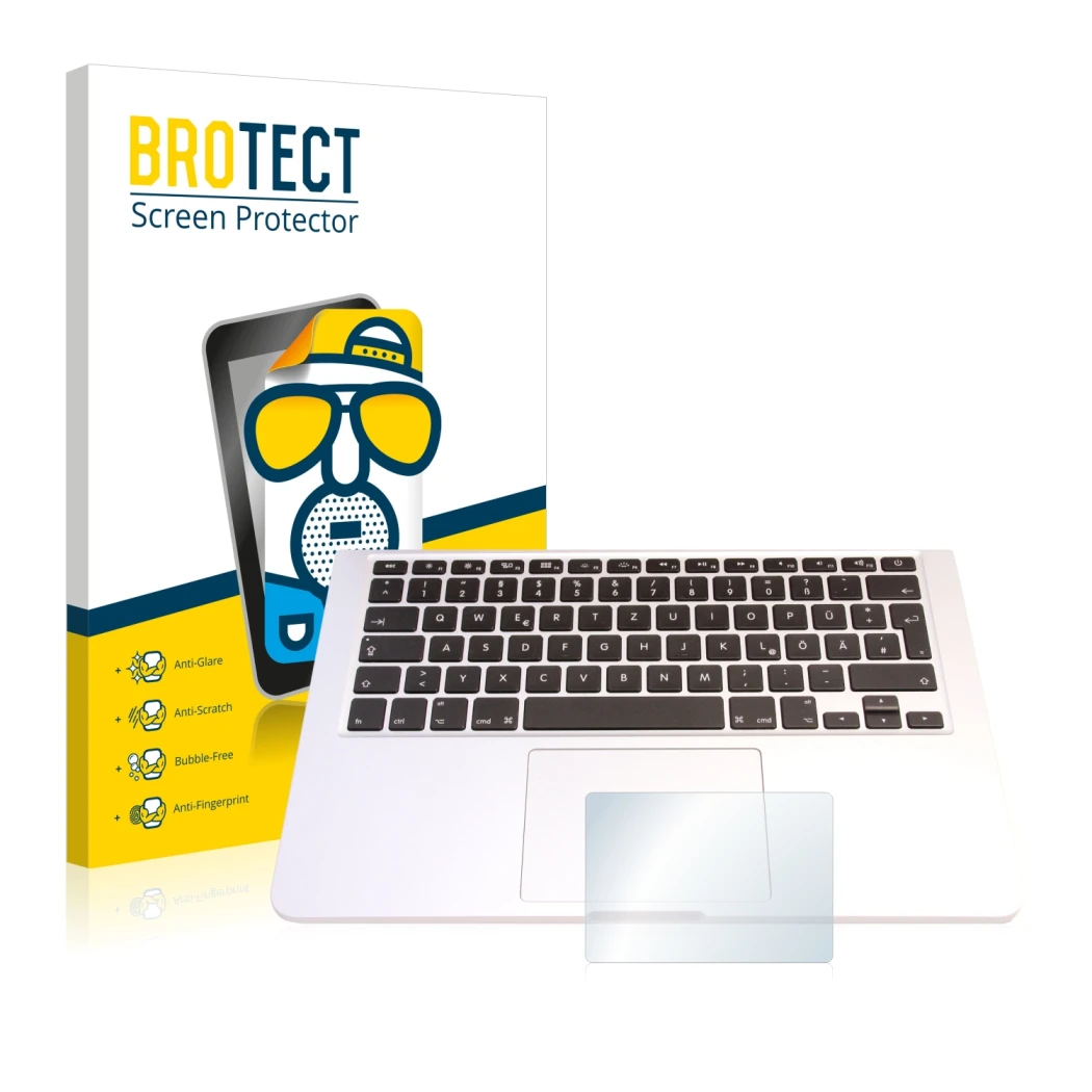 Front side of a product packaging with the brand logo BROTECT. Next to it is the device Apple MacBook Pro 13.3