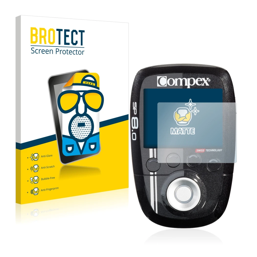 Front side of a product packaging with the brand logo BROTECT. Next to it is the device Compex SP 8.0 shown with the correspon