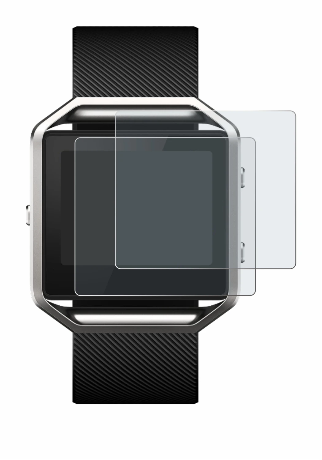 Image of the device Fitbit Blaze with a wide variety of screen protectors.