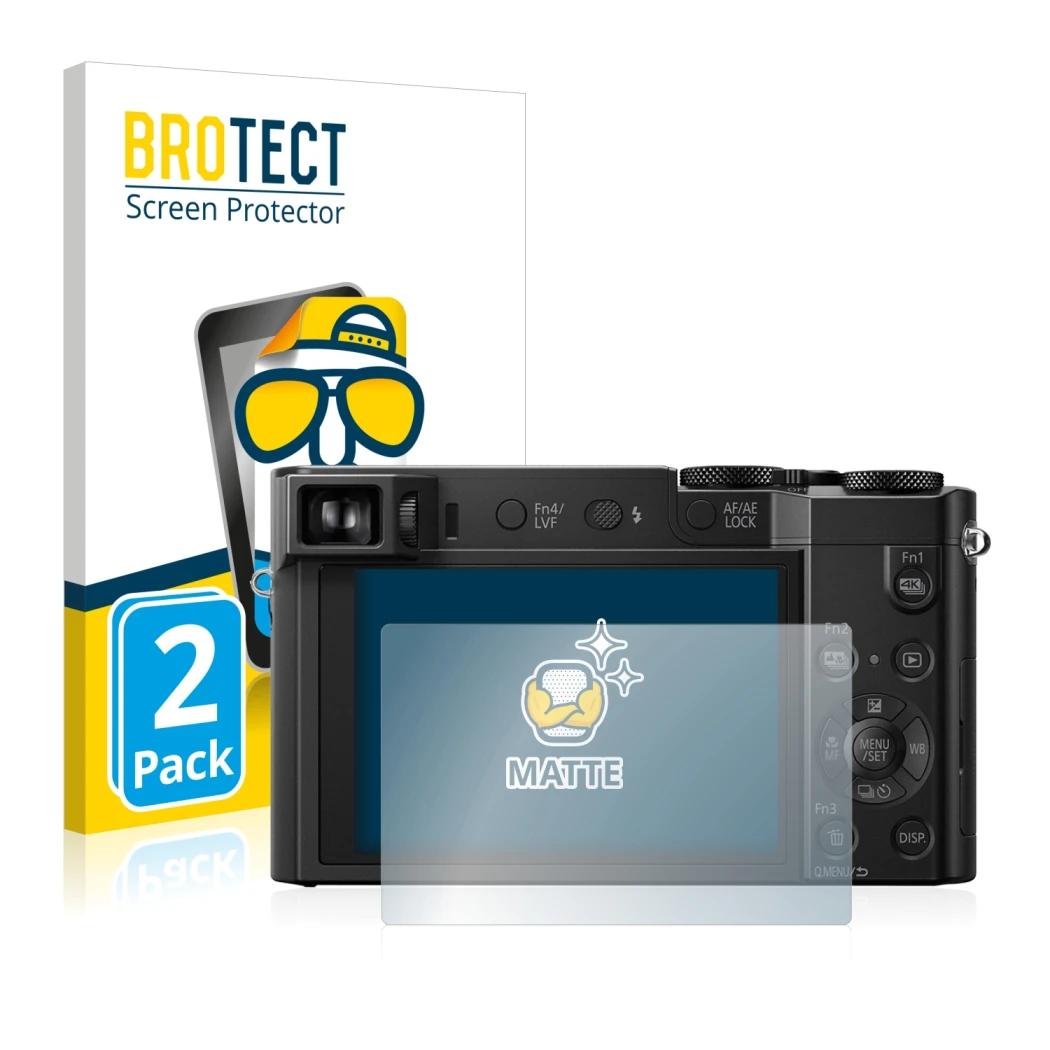 Front side of a product packaging with the brand logo BROTECT. Next to it is the device Panasonic Lumix DMC-TZ101 shown with t