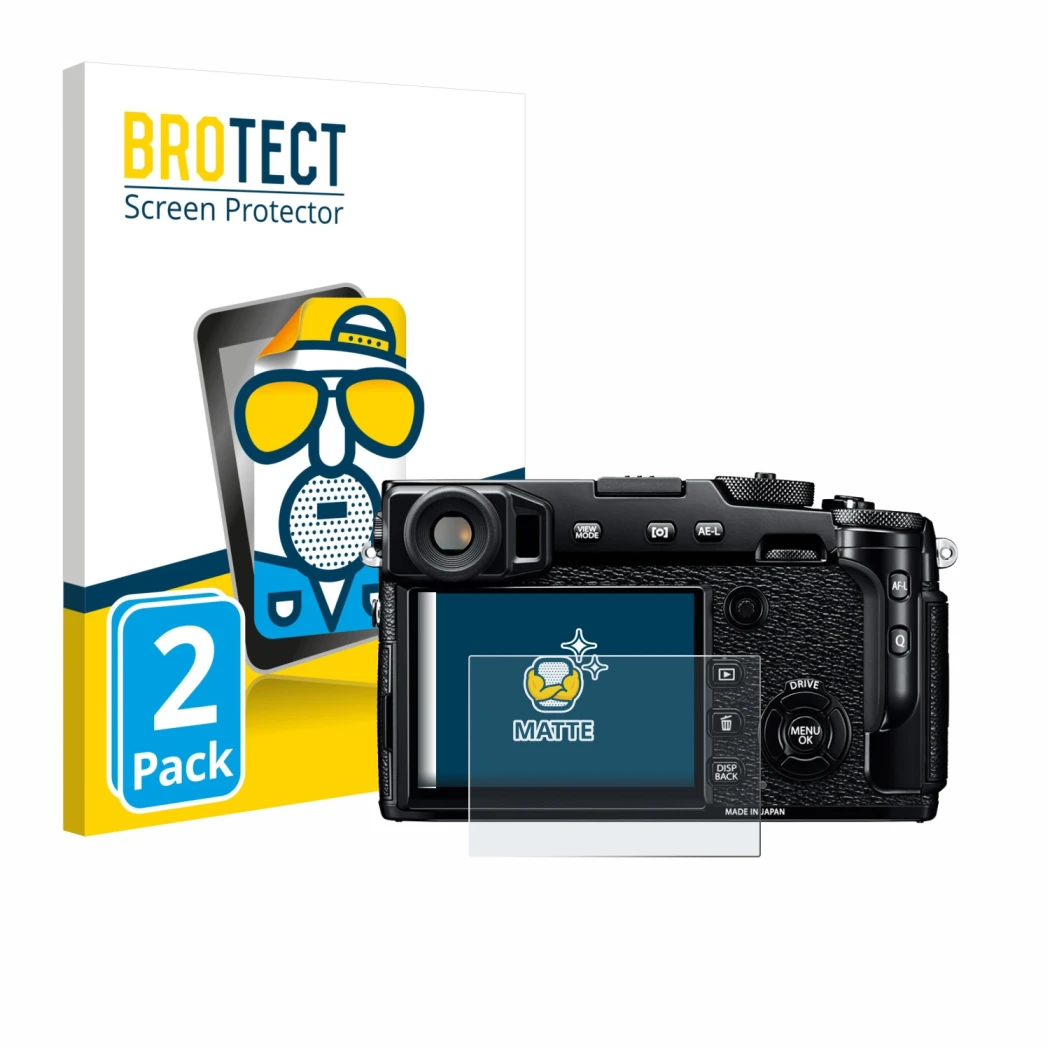 Front side of a product packaging with the brand logo BROTECT. Next to it is the device Fujifilm X-Pro2 shown with the corresp