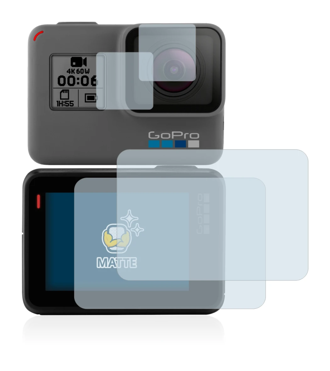 Image of the device GoPro Hero 5 Black with a wide variety of screen protectors.