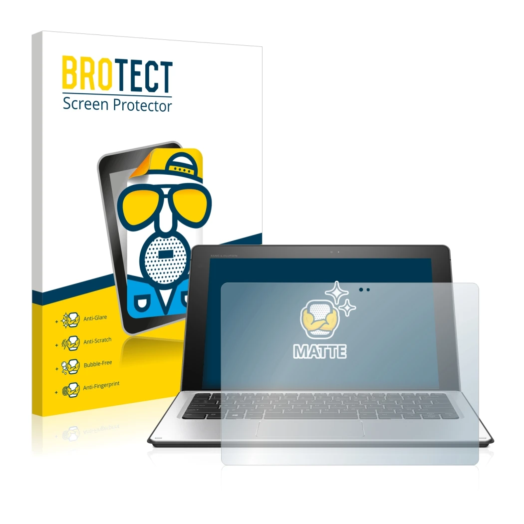 Front side of a product packaging with the brand logo BROTECT. Next to it is the device HP Elite x2 1012 G1 shown with the cor