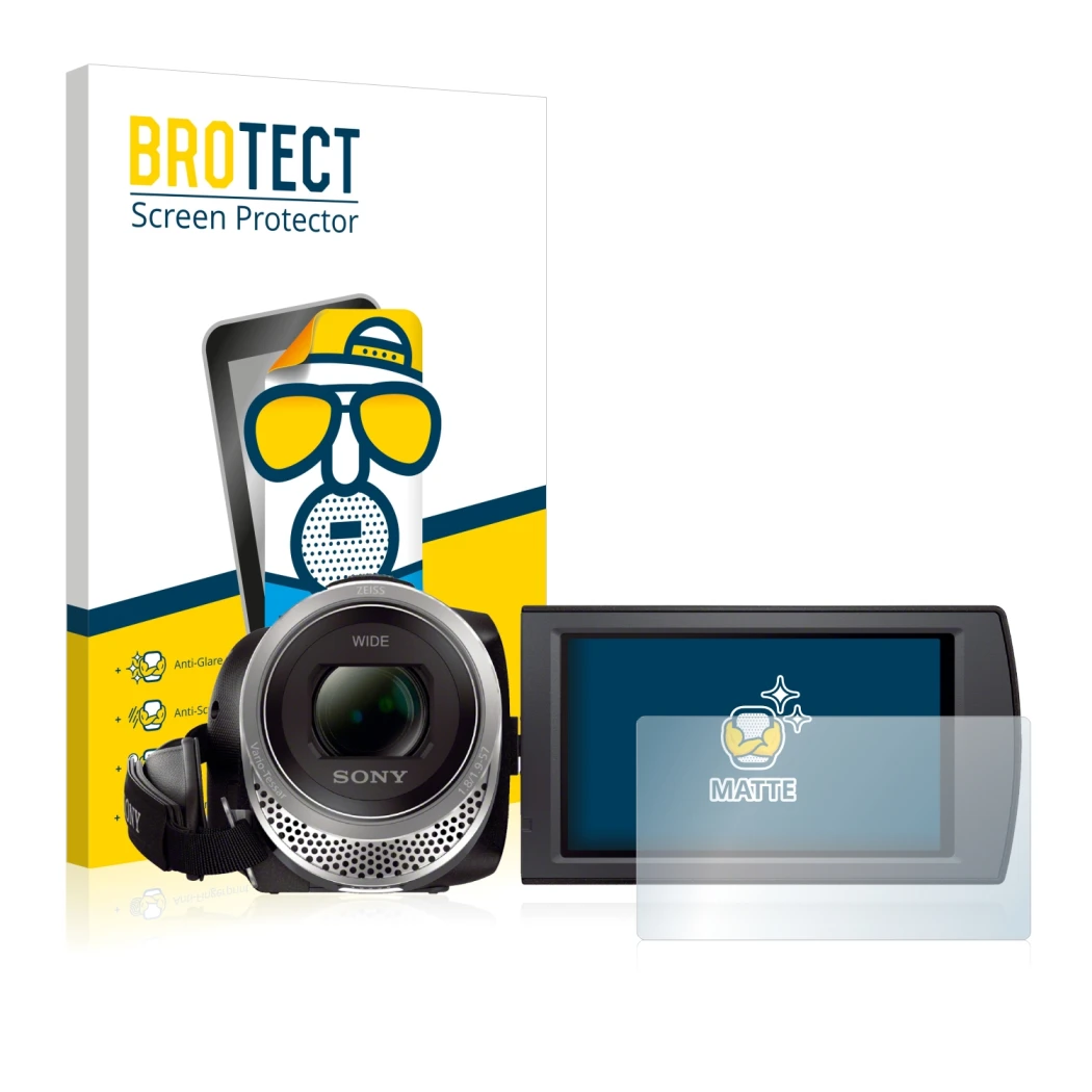 Front side of a product packaging with the brand logo BROTECT. Next to it is the device Sony FDR-AX53 shown with the correspon