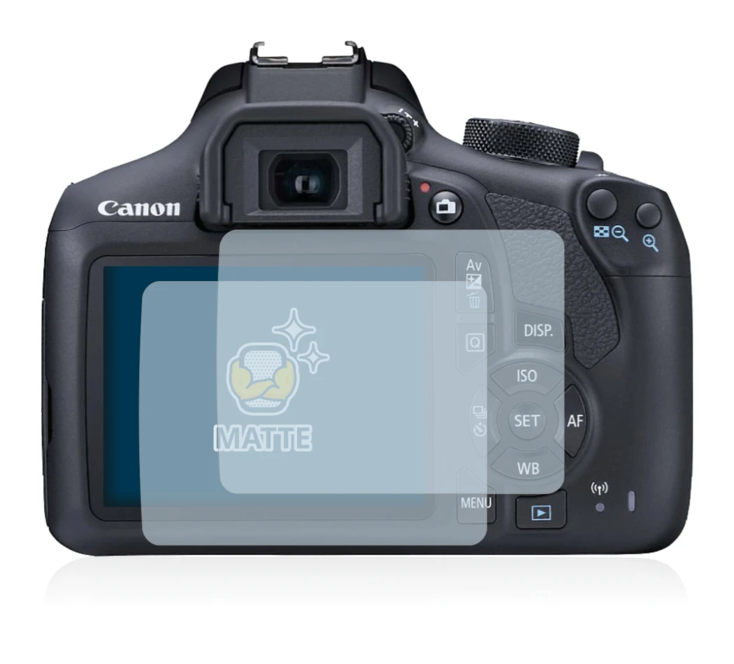 Image of the device Canon EOS 1300D with a wide variety of screen protectors.