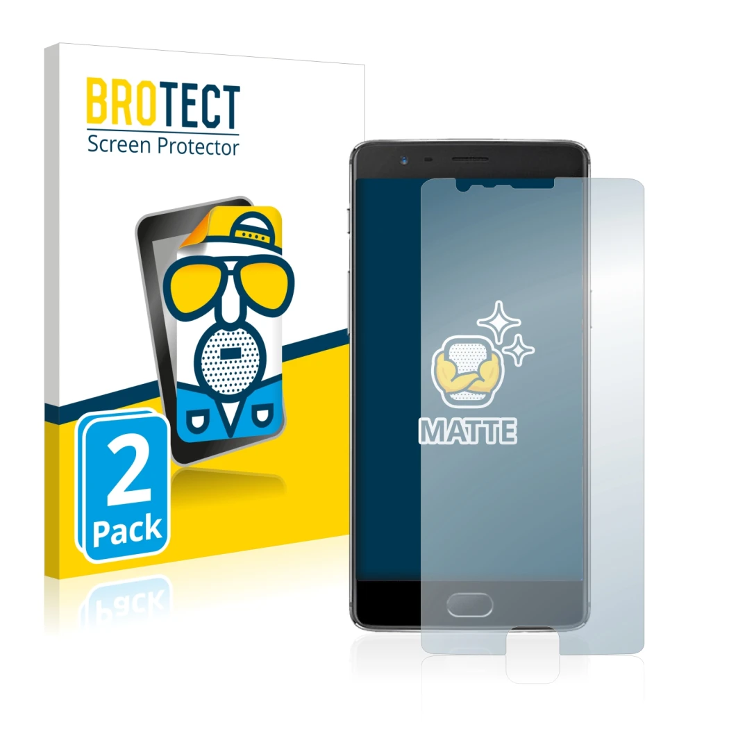 Front side of a product packaging with the brand logo BROTECT. Next to it is the device OnePlus 3 shown with the corresponding