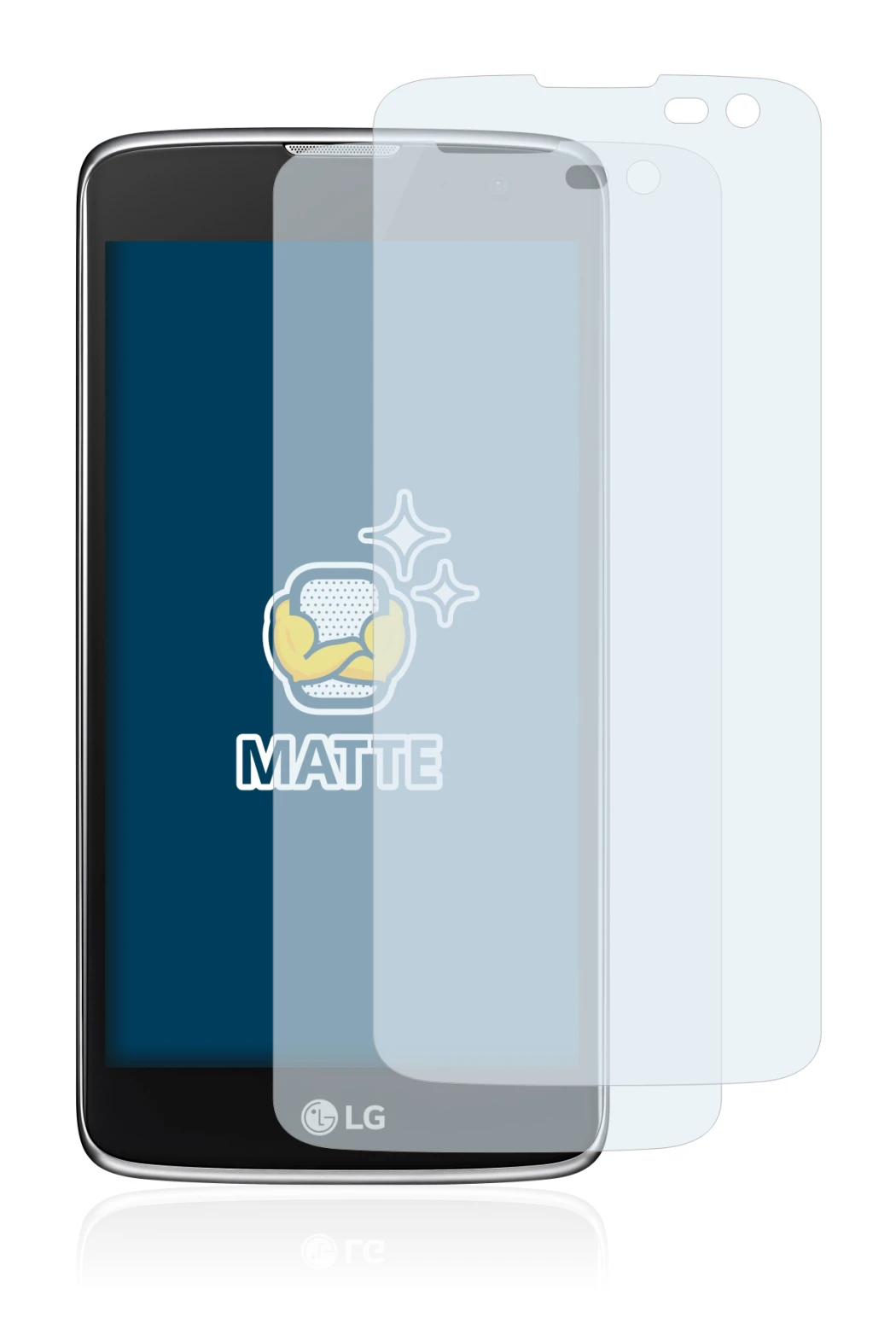 Image of the device LG K7 (camera right only) with a wide variety of screen protectors.