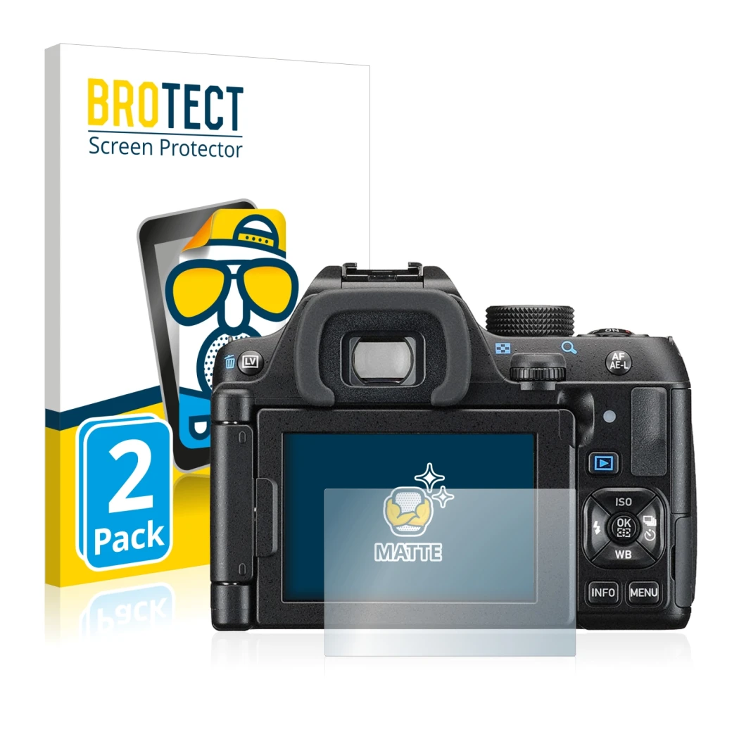 Front side of a product packaging with the brand logo BROTECT. Next to it is the device Pentax K-70 shown with the correspondi