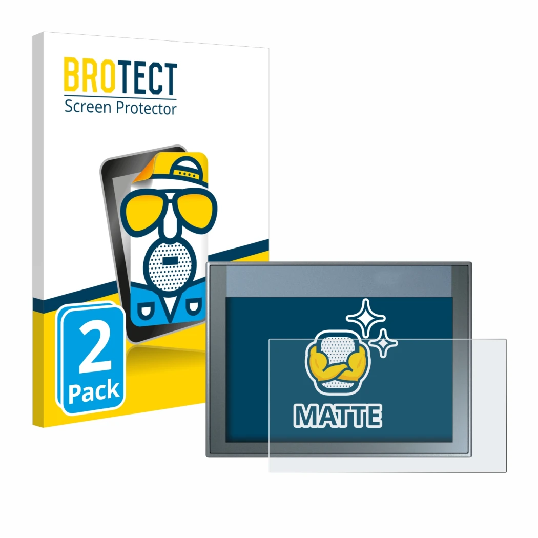 Front side of a product packaging with the brand logo BROTECT. Next to it is the device Siemens Simatic HMI KTP 700 Basic show