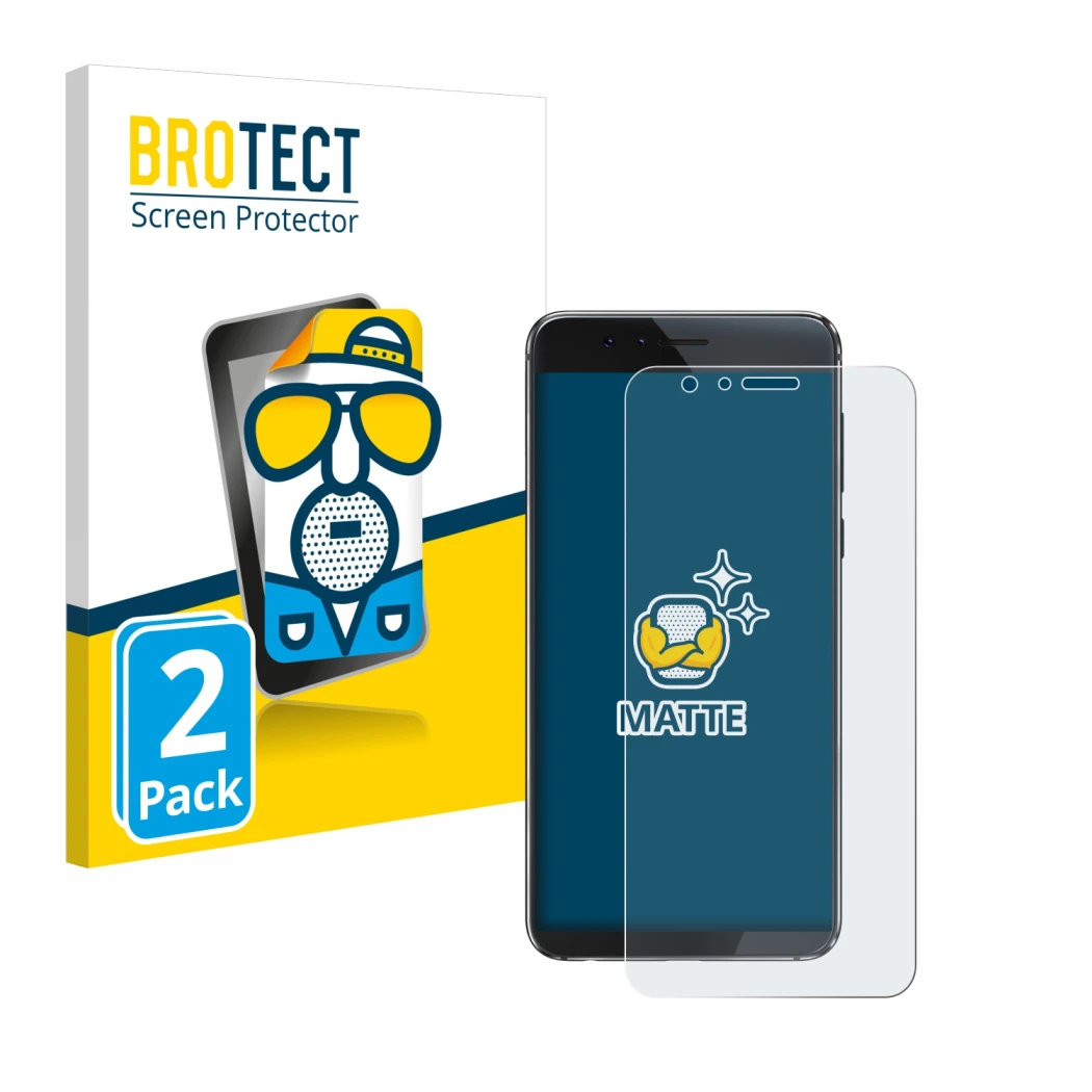 Front side of a product packaging with the brand logo BROTECT. Next to it is the device Honor 8 shown with the corresponding s