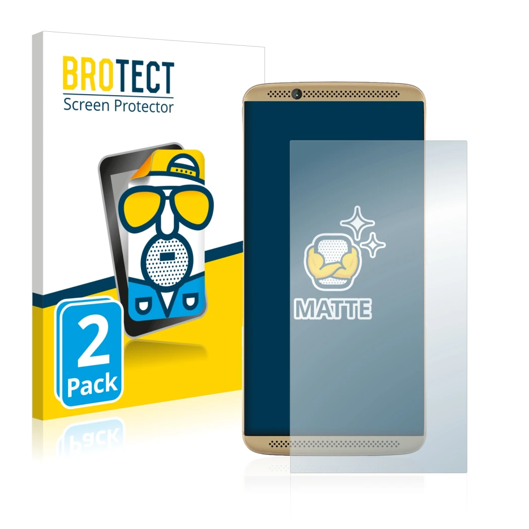 Front side of a product packaging with the brand logo BROTECT. Next to it is the device ZTE Axon 7 shown with the correspondin