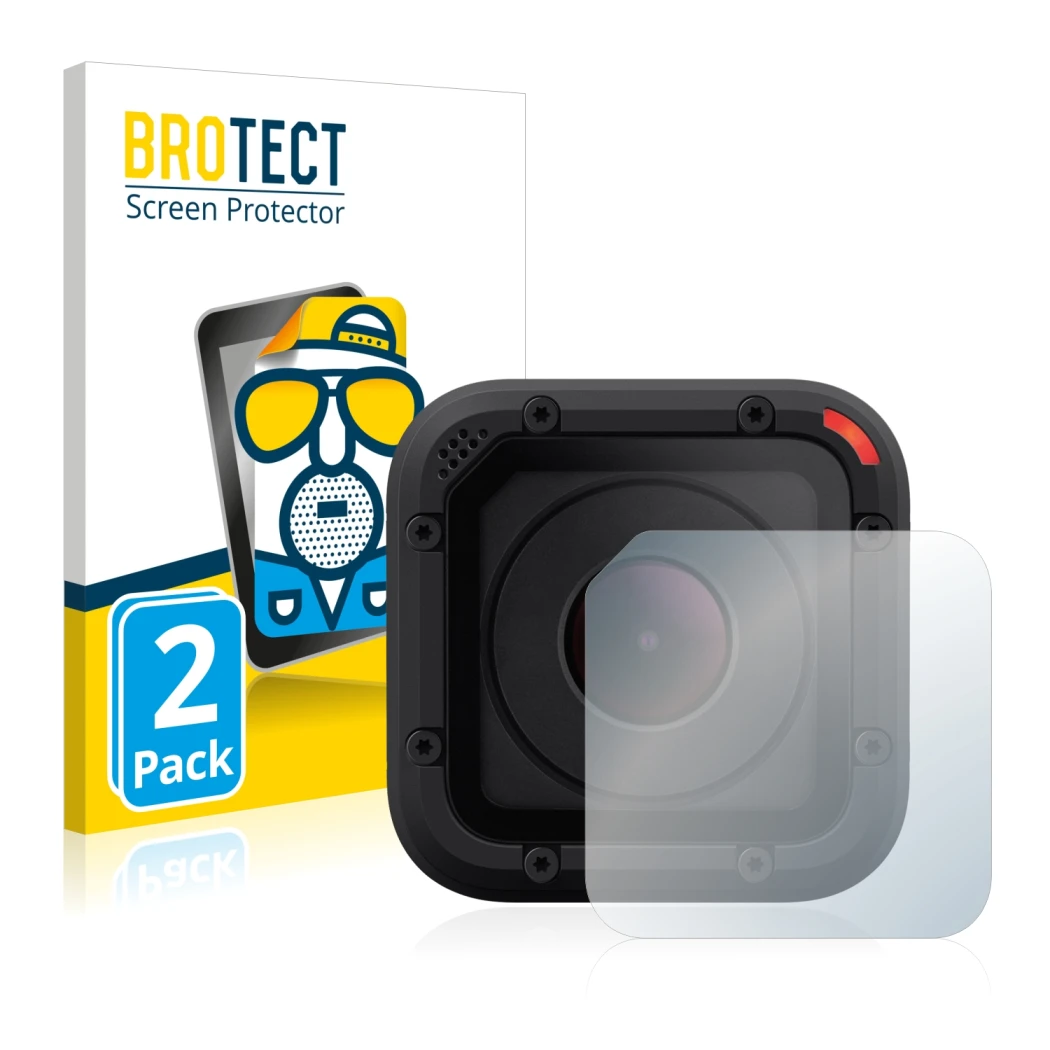Front side of a product packaging with the brand logo BROTECT. Next to it is the device GoPro Hero Session shown with the corr