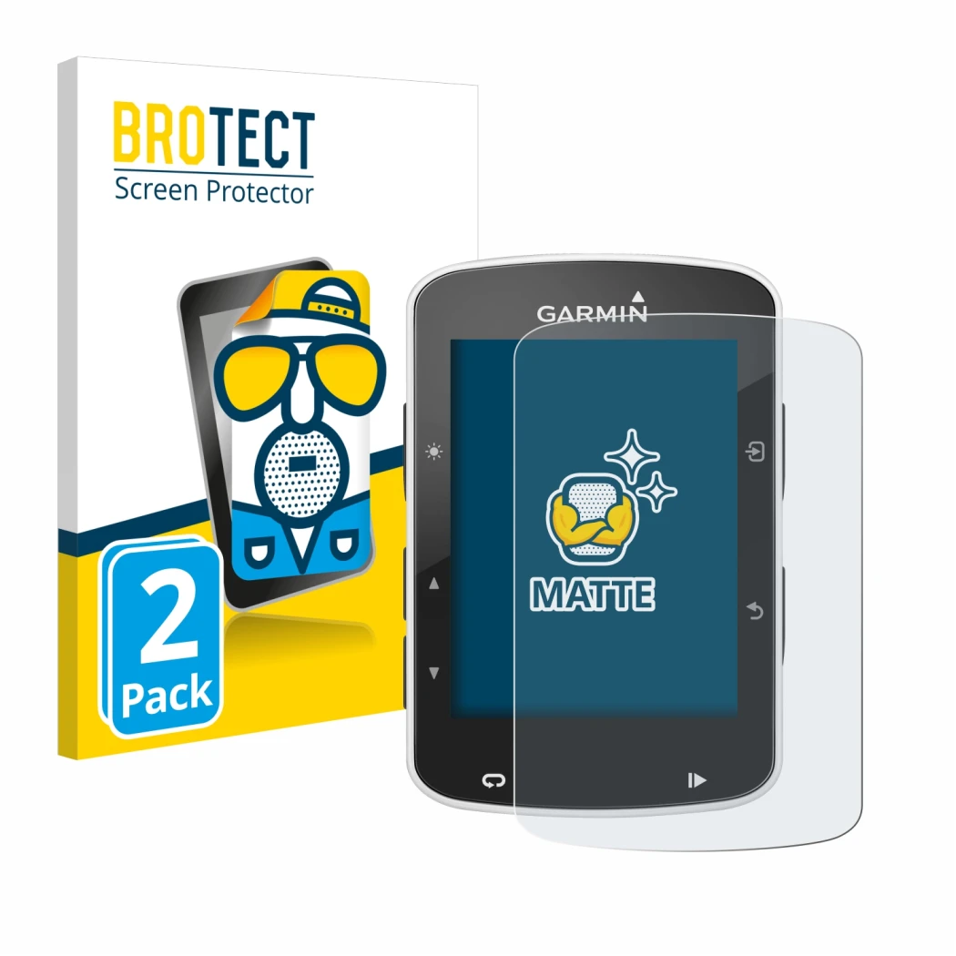 Front side of a product packaging with the brand logo BROTECT. Next to it is the device Garmin Edge 820 shown with the corresp