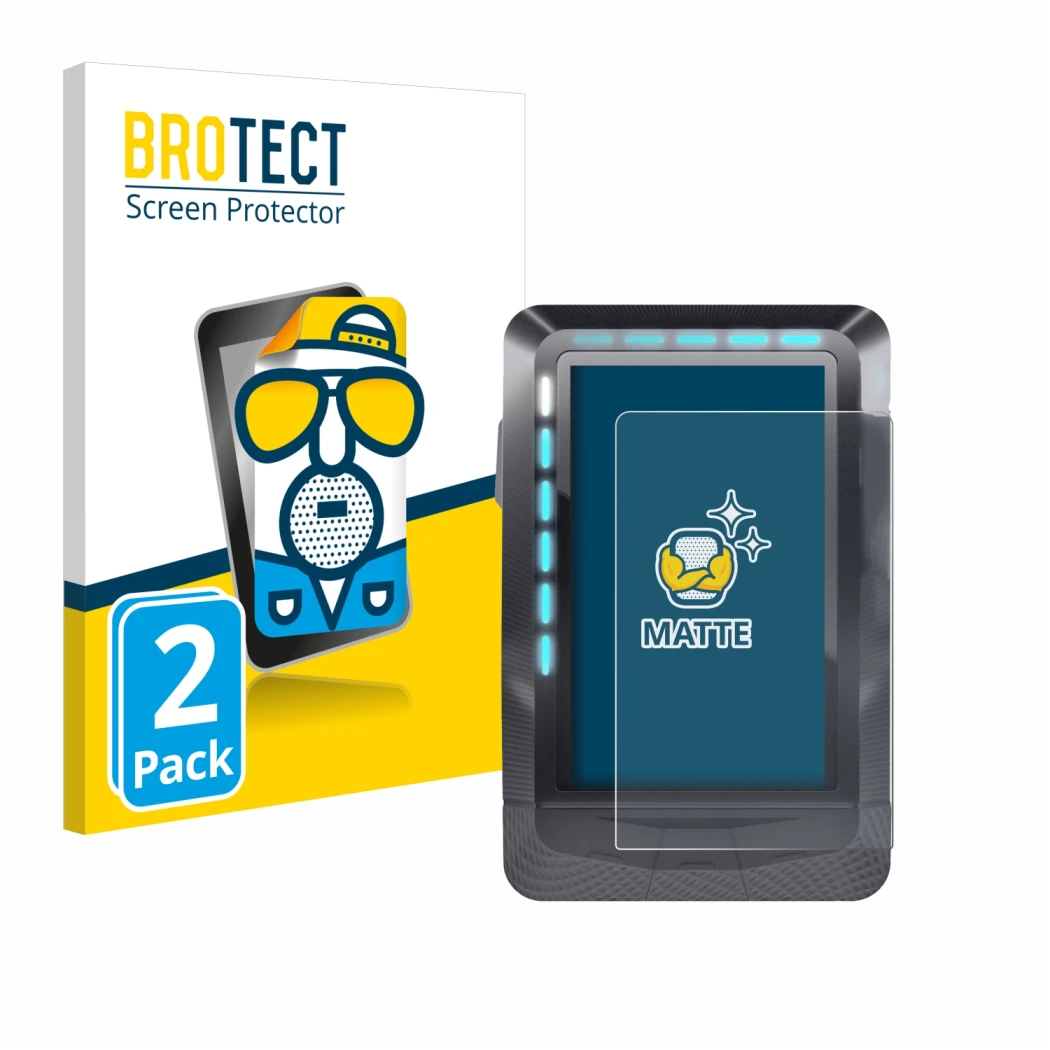 Front side of a product packaging with the brand logo BROTECT. Next to it is the device Wahoo Elemnt GPS shown with the corres