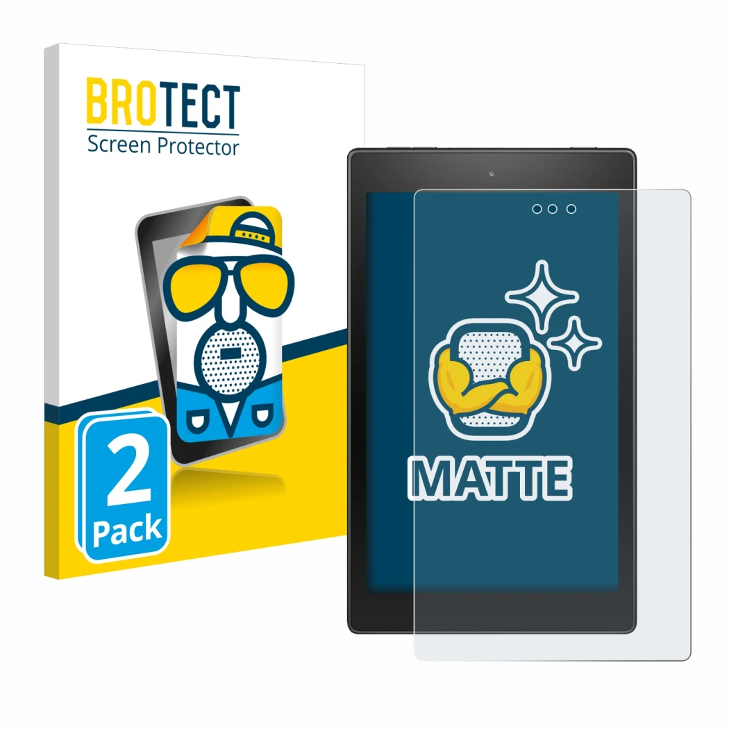 Front side of a product packaging with the brand logo BROTECT. Next to it is the device Amazon Fire HD 8 2017 shown with the c