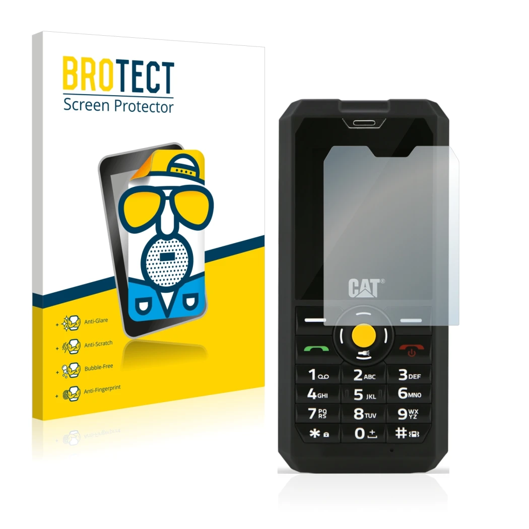 Front side of a product packaging with the brand logo BROTECT. Next to it is the device Caterpillar Cat B30 shown with the cor