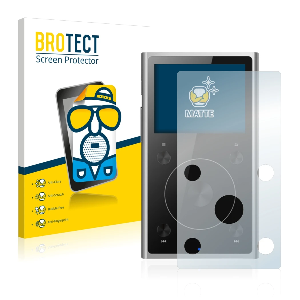 Front side of a product packaging with the brand logo BROTECT. Next to it is the device FiiO X1 II shown with the correspondin