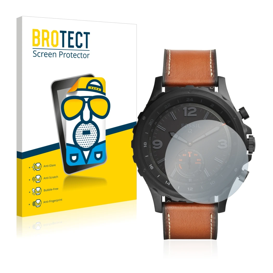 Front side of a product packaging with the brand logo BROTECT. Next to it is the device Fossil Q Nate shown with the correspon