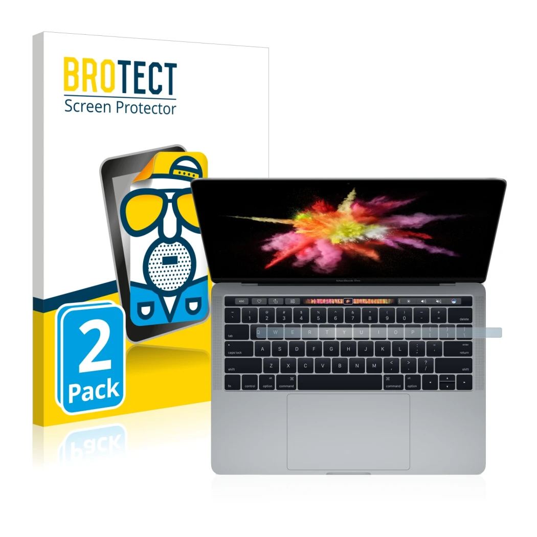 Front side of a product packaging with the brand logo BROTECT. Next to it is the device Apple MacBook Pro 13