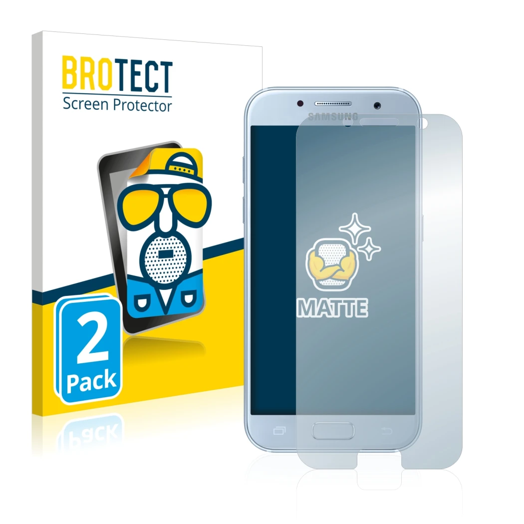 Front side of a product packaging with the brand logo BROTECT. Next to it is the device Samsung Galaxy A5 2017 shown with the