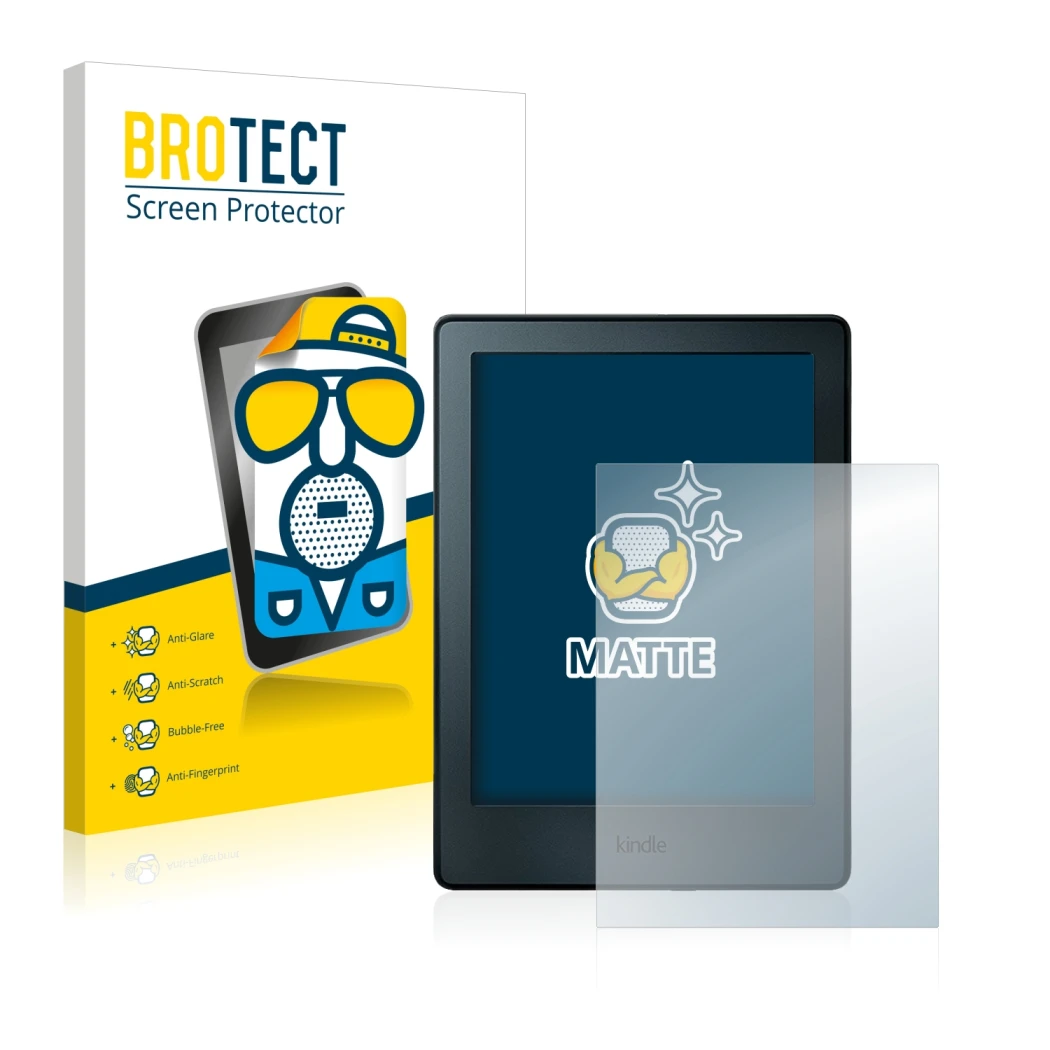 Front side of a product packaging with the brand logo BROTECT. Next to it is the device Amazon Kindle 2016 (8th Gen.) shown wi