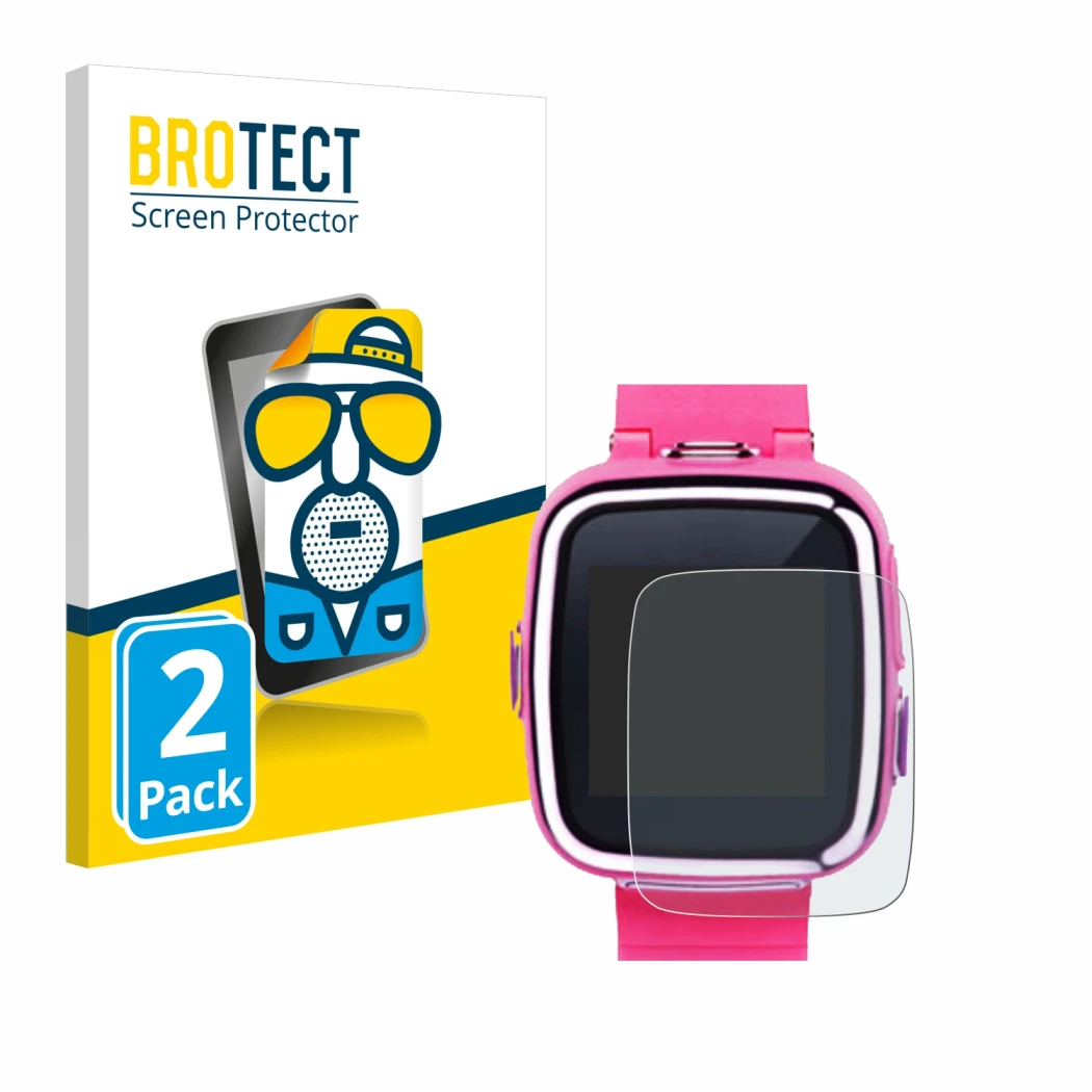 Front side of a product packaging with the brand logo BROTECT. Next to it is the device Vtech Kidizoom Smart Watch 2 shown wit