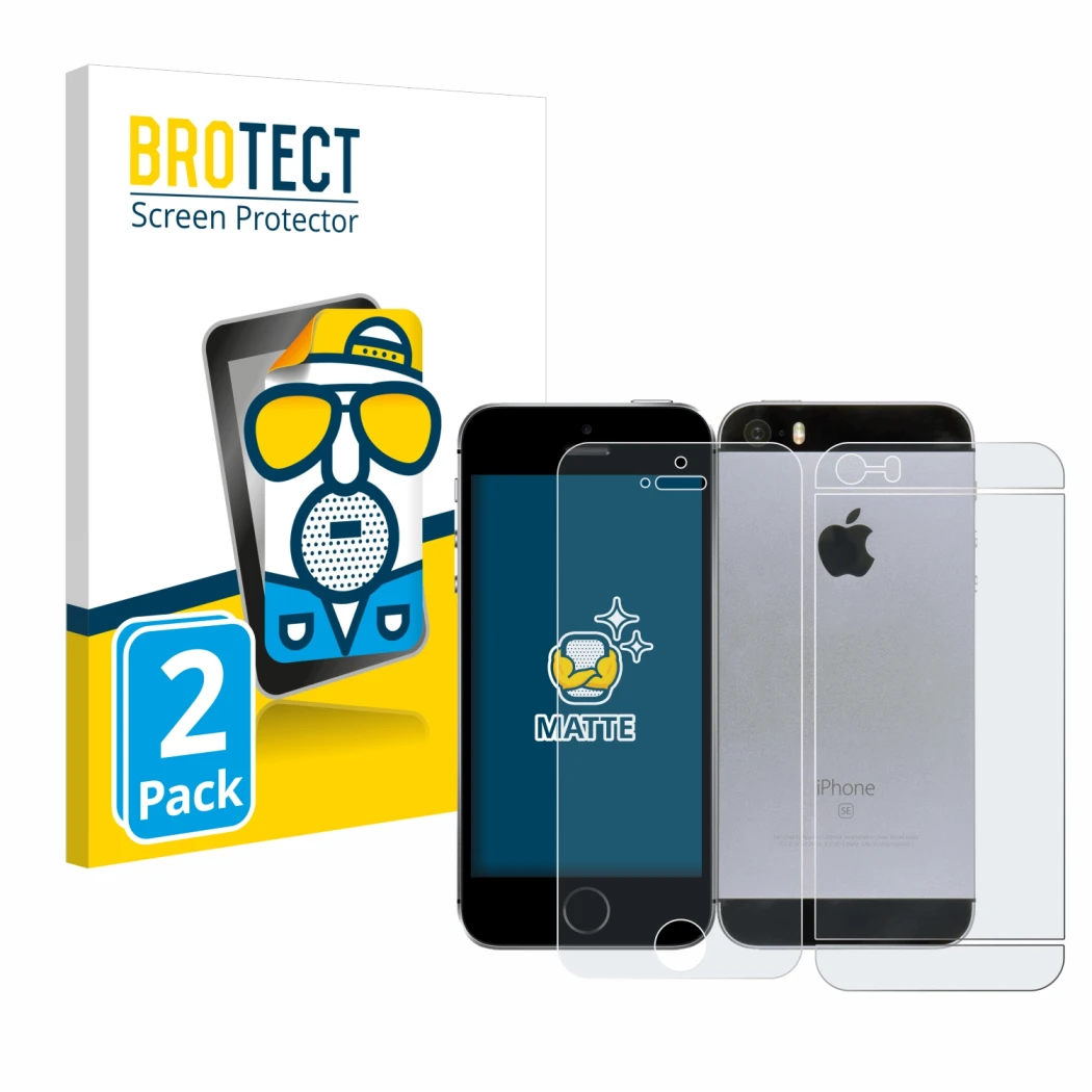 Front side of a product packaging with the brand logo BROTECT. Next to it is the device Apple iPhone SE 2016 (Front+Back) show