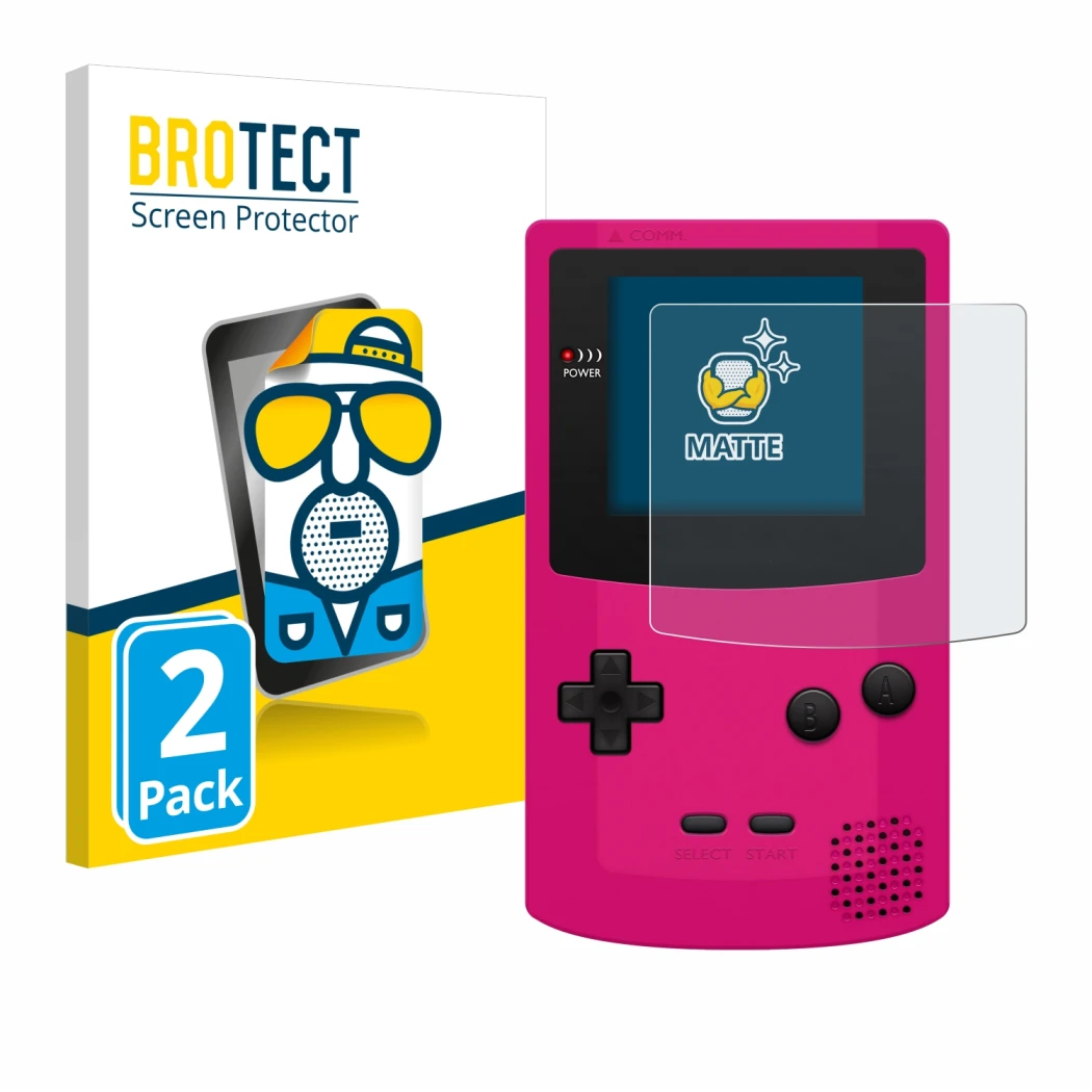 Front side of a product packaging with the brand logo BROTECT. Next to it is the device Nintendo Gameboy Color shown with the
