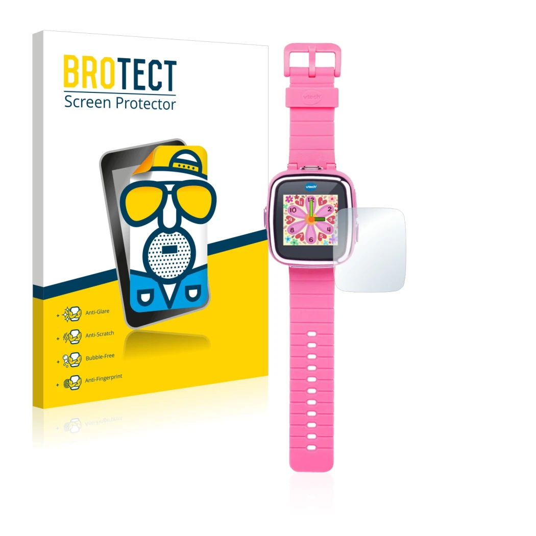 Front side of a product packaging with the brand logo BROTECT. Next to it is the device Vtech Kidizoom Smart Watch DX shown wi