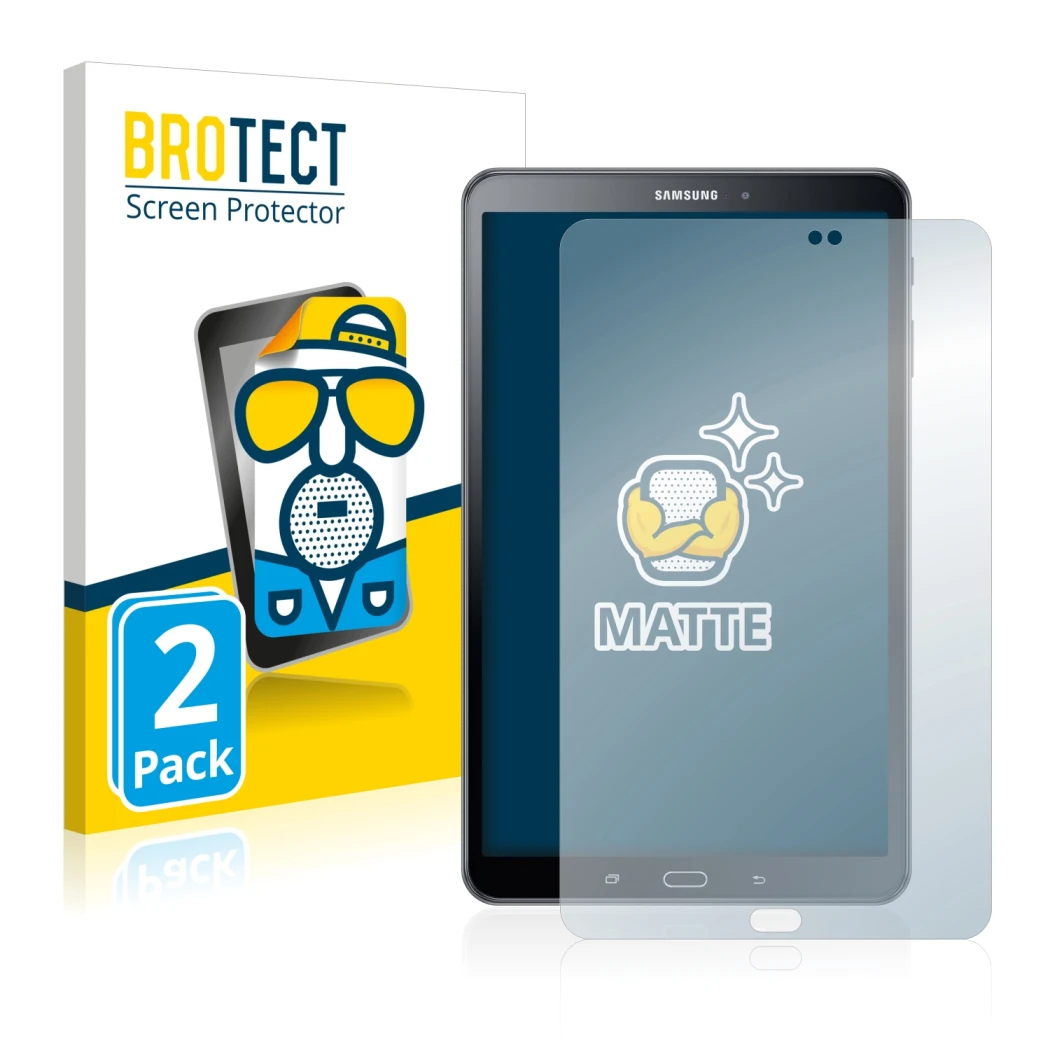 Front side of a product packaging with the brand logo BROTECT. Next to it is the device Samsung Galaxy Tab A 10.1 2016 shown w