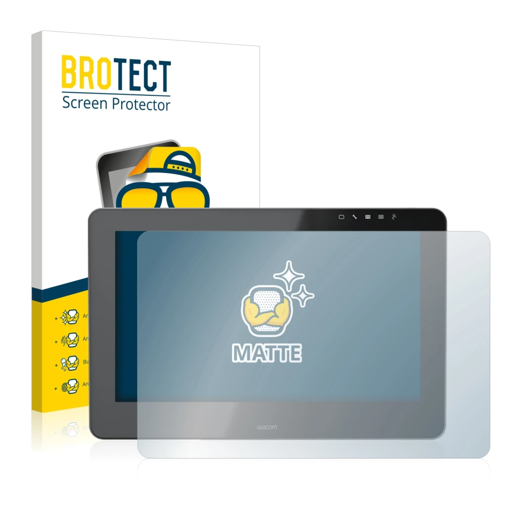 Front side of a product packaging with the brand logo BROTECT. Next to it is the device Wacom Cintiq Pro 16 shown with the cor