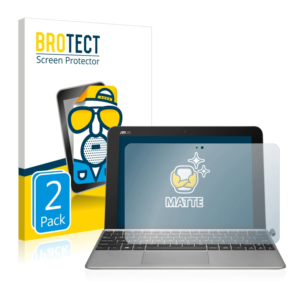 Front side of a product packaging with the brand logo BROTECT. Next to it is the device ASUS Transformer Mini T102HA shown wit