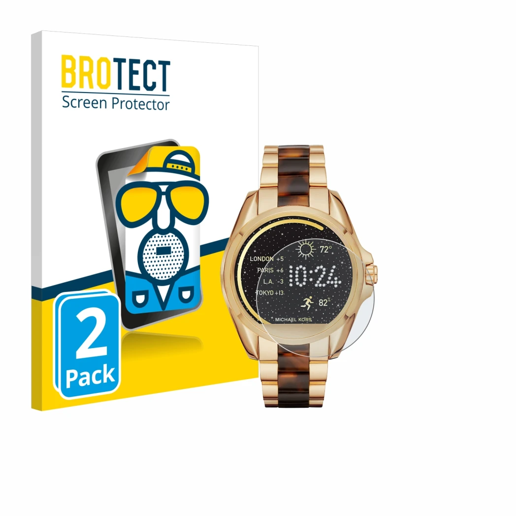 Front side of a product packaging with the brand logo BROTECT. Next to it is the device Michael Kors Access Bradshaw shown wit
